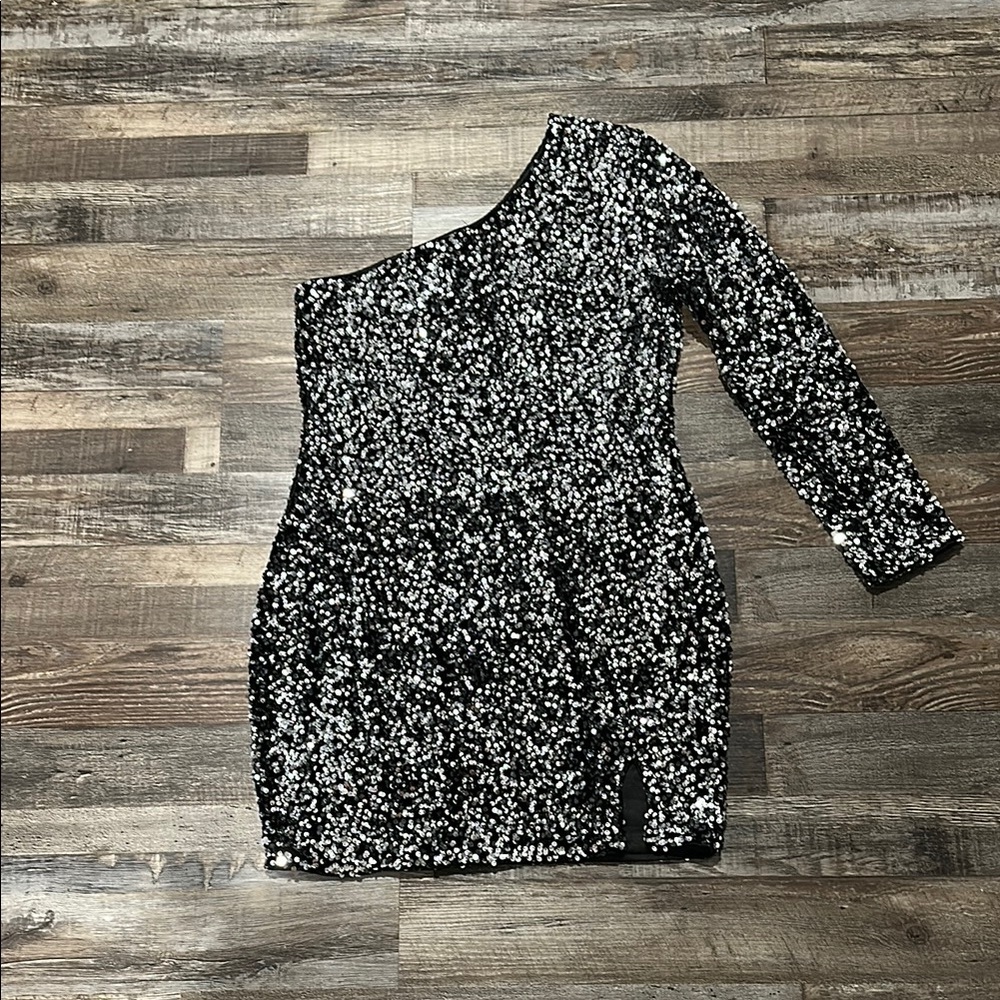 SHEIN Silver Black Sequin One Shoulder Bodycon Dress